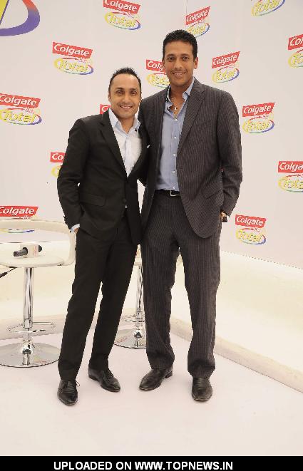 Bollywood actor Rahul Bose and tennis champion Mahesh Bhupathi pose as part of the Colgate total campaigning for "Healthy Mouth"