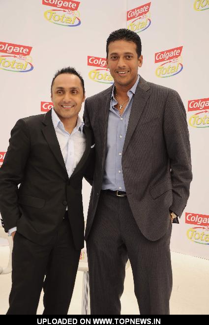 Bollywood actor Rahul Bose and tennis champion Mahesh Bhupathi pose as part of the Colgate total campaigning for "Healthy Mouth"