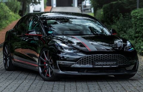 Manhart refines Tesla Model 3 EV with lowered suspension, new carbon front splitter